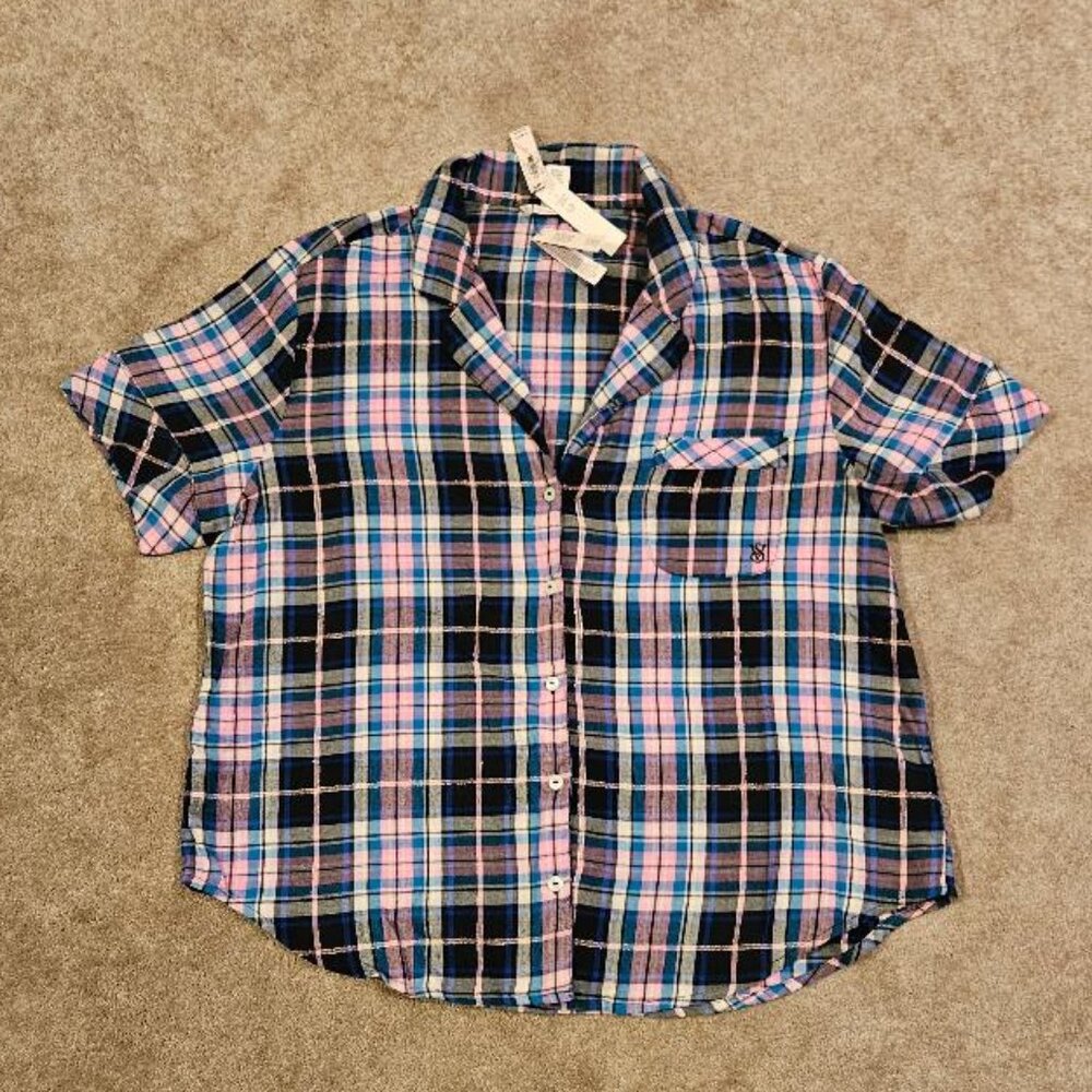 Victoria's Secret Plaid Flannel Pajama Top Shirt  Size Large NWT